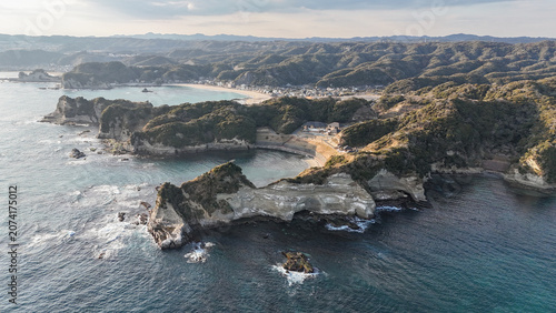 Aerial View of Ubara Risokyo and Rugged Pacific Coastline in Chiba, Japan