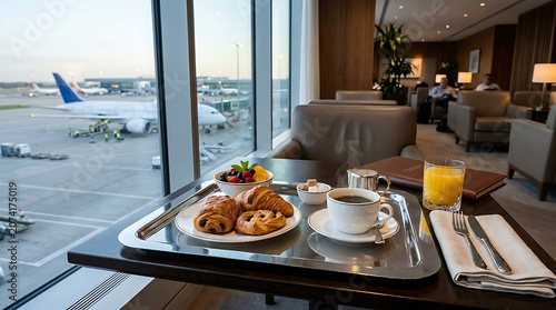 Luxury breakfast served on silver tray at airport lounge with view of aircraft breakfast airplane terminal hospitality business croissant departure