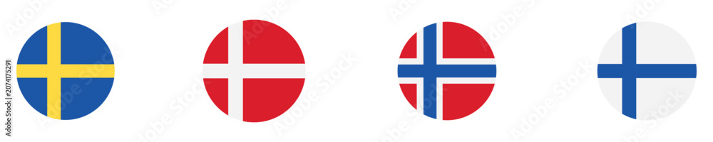 Fototapeta premium Nordic country flags including Sweden, Denmark, Norway and Finland. Round national flag icons isolated on transparent background for travel, geography and international design projects.