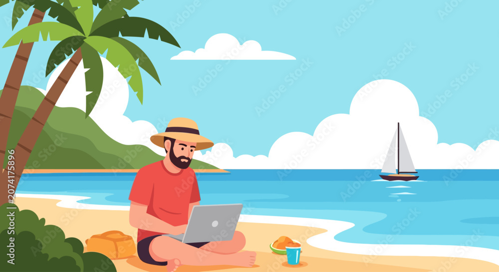 Fototapeta premium Flat vector illustration of a bearded digital nomad working on a laptop on a tropical beach with palm trees and a sailboat, wearing a straw hat and red t-shirt under a blue sky.