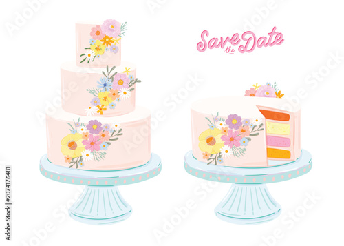 Wedding Cake Clipart Set With Romantic Floral Cake And Save The Date Lettering