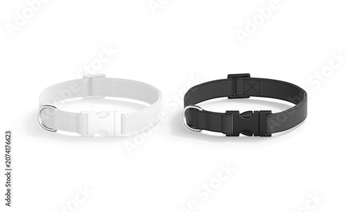 Blank black and white dog collar with plastic buckle mockup png, transparent background 3d rendering. Empty puppy necklace with clasp for control mock up cut out. Clear quick side fastener for animal.
