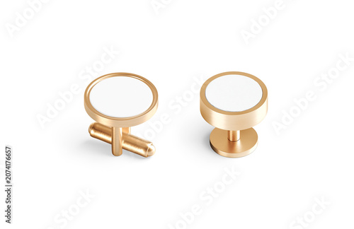 Blank round gold cufflinks stud and toggle mockup png, transparent background 3d rendering. Empty closure classic cuff-link mock up cut out. Clear circular sleeve link for male elegant shirt template.