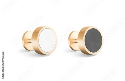 Blank black and white round gold cufflinks stud mockup png, transparent background, 3d rendering. Empty clasp jewelry cuffs mock up cut out, side view. Clear circle enamel brooch or sleeve-button.