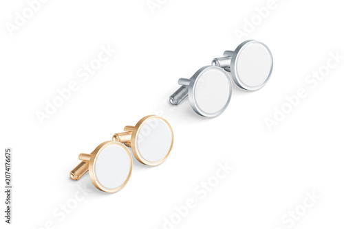 Blank round gold and silver cufflinks toggle mockup pair png, transparent background, 3d rendering. Empty clasp male jewelry mock up cut out, side view. Clear golden and steel enamel cuff-link label.