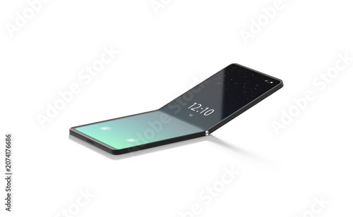 Blank turned on flexible clamshell phone display half folded mockup png, transparent background, 3d rendering. Empty flip elastic touchscreen mock up cut out. Clear flexibility smartphone device.
