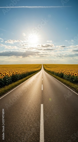 A scenic empty rural road cutting straight through a vast, vibrant yellow field of blooming sunflowers under a bright summer sky, sunny, sky, landscape
