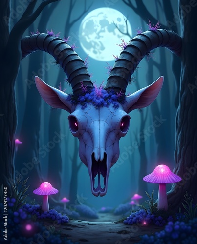 A mystical goat skull with glowing eyes in a dark forest under a full moon