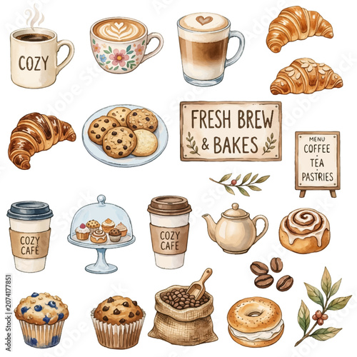 Coffee and Sweets Collection with Coffee Tea Cakes Pastries Bread Croissant Cupcake Chocolate Candy and Breakfast Cafe Vector Illustration Set
