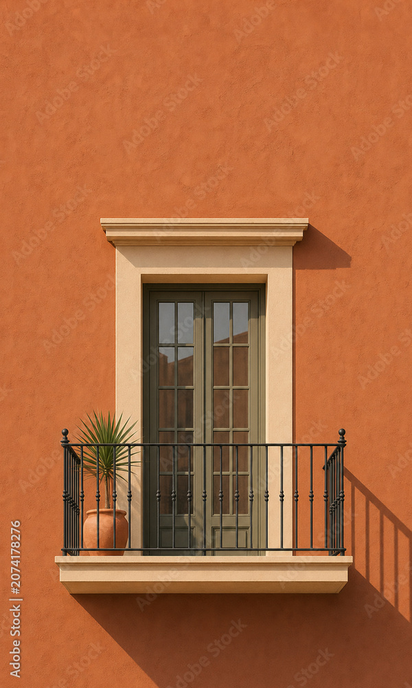 Obraz premium Minimal Mediterranean Balcony with Terracotta Wall and Elegant Architectural Design