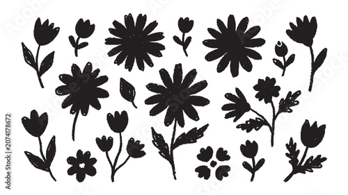 Konstfotografi Flower Silhouette Icon Set with Black Ink Splatter Blossoms and Simple Leaf Stem