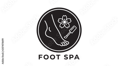 Fotografía Foot Spa Icon with Black Circle Outline, Floral Spa Element, and Foot Soaking Si