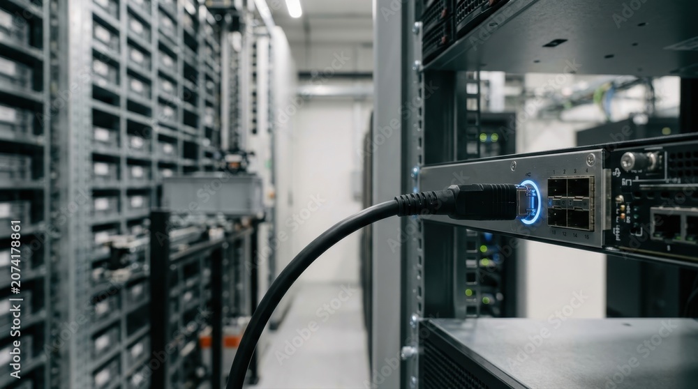 Fototapeta premium Network cable connected to server rack in modern data center
