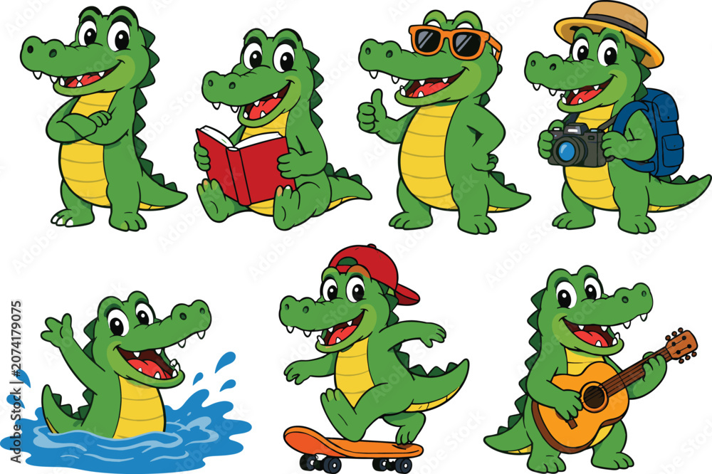 Fototapeta premium Cute Green Crocodile Cartoon Character Mascot Vector Set Posing Reading Book Traveling Swimming Skateboarding and Playing Guitar