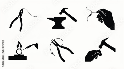 Black silhouettes of various jewelry making tools and techniques on white background