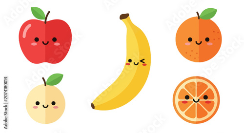 Set of five kawaii fruit mascot illustrations including a red apple, yellow banana, orange fruit, pear, and orange slice with cute faces isolated on a white background.