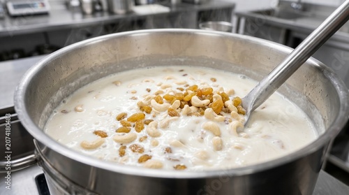 Mixing Cashews And Raisins In Creamy Milk, Traditional Dessert Cooking Detail, Festive Sweet Pudding Preparation, Swirling Rich Liquid Close Up