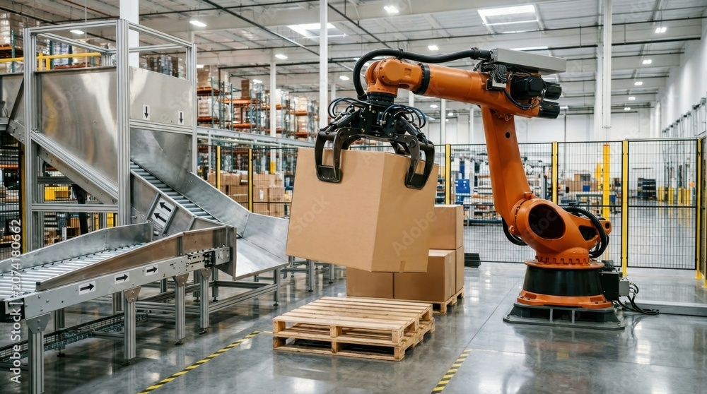 Fototapeta premium Industrial robotic arm lifting a cardboard box in a warehouse