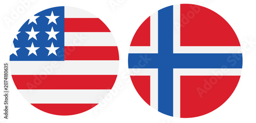 Round icons with flags of the united states of america and norway isolated on transparent background