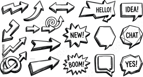 Photos Hand drawn comic speech bubble and arrow set featuring sketch text labels hello