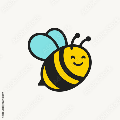 Cute cartoon bee illustration with happy expression and blue wings.