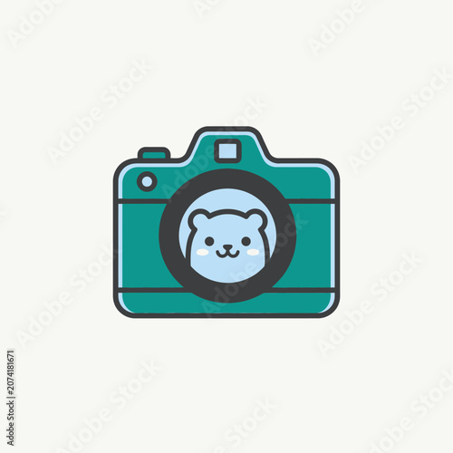 Cute cartoon camera with a bear face in the lens.
