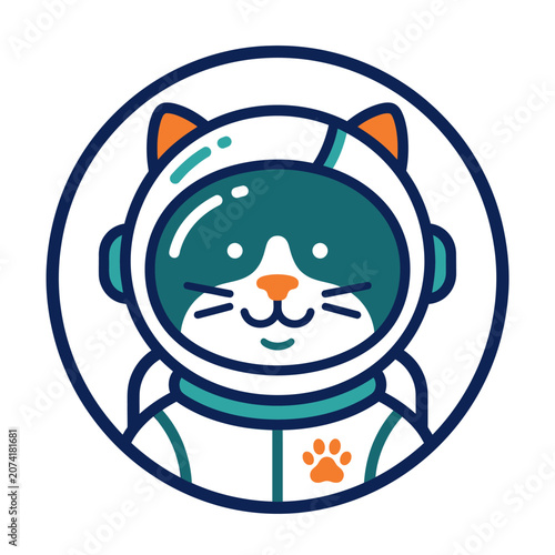 Cute cartoon cat astronaut in a spacesuit helmet with paw print emblem.