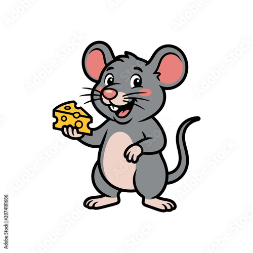 Cute cartoon mouse holding a piece of cheese.