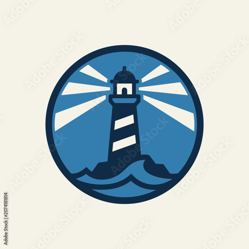 Lighthouse guiding ships at sea with bright light beams.