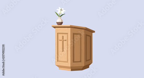 Wooden church pulpit vector with white lily flower vase