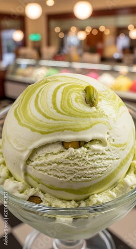 Pistachio Ice Cream Sundae Close-up.