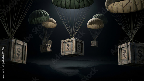 Humarian aid dropping from the parachute and Dollar and rupee symbol placed on the boxes
