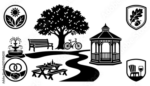Fotografía Public park landscape elements silhouette vector collection with gazebo and tree