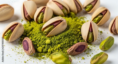 Pistachios Scattered on a Pile of Pistachio Powder.