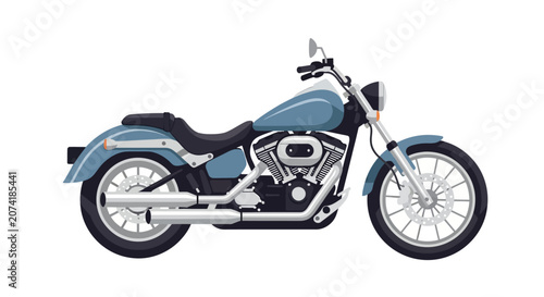 A stylized illustration of a classic blue motorcycle on a white background.