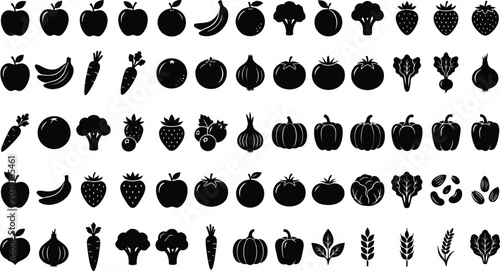 Foto Black and white fruit and vegetable rows of produce silhouettes vegetables