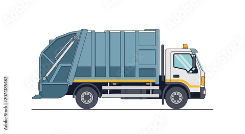 Illustration of a blue garbage truck on a white background.