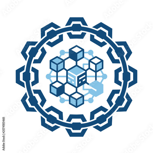 A blue digital gear icon with a central data network structure