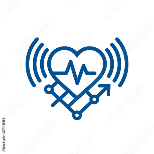 A blue digital heart icon with signal waves and data lines