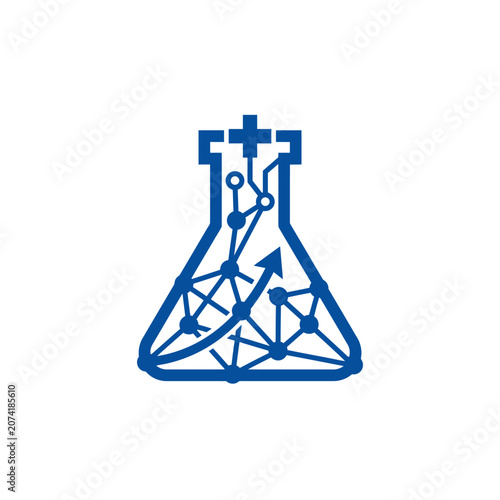 A blue digital laboratory flask icon on a white background