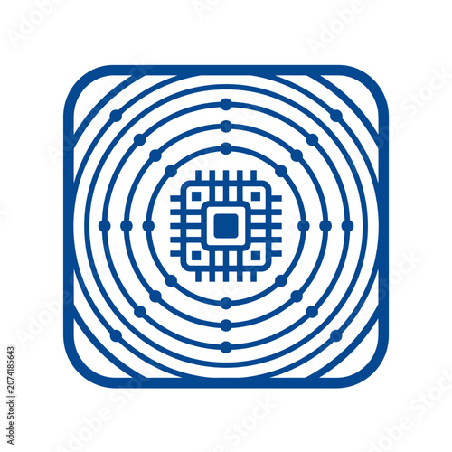 A blue digital processor icon with concentric circular orbit lines