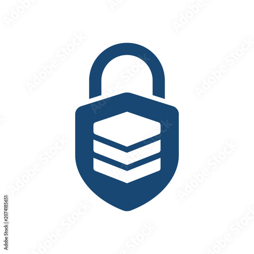 A blue digital security icon showing a shield and data layers