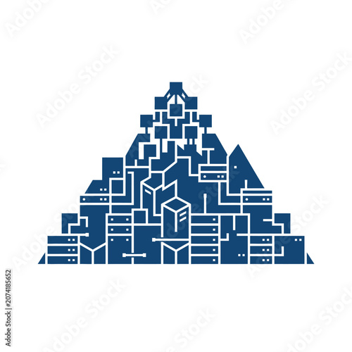 A blue digital pyramid made of abstract server rack components