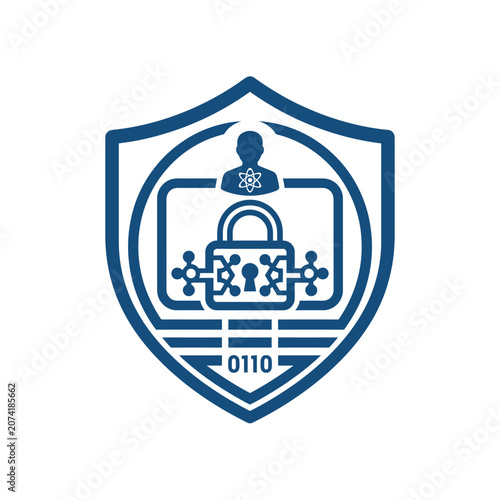 A blue digital security shield icon on a white background