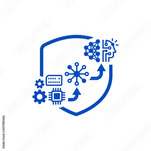 A blue digital shield icon representing advanced cyber security tech