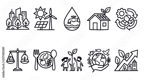 Bild auf Leinwand Sustainable Living and Green Energy Outline Icon Vector Set