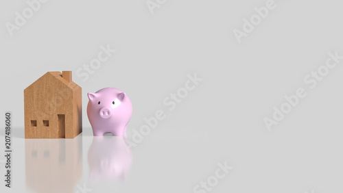 Piggy Bank And Wooden House For Home Saving Goals 3d render.