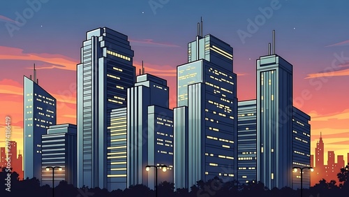 Pixel Art Cityscape at Sunset with Modern Skyscrapers.