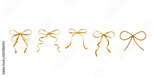Golden Ribbon Bows Set on White Background