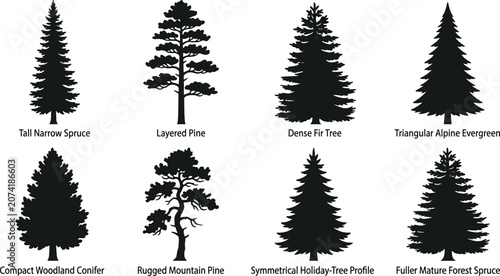 Konstfotografi Evergreen Conifer Tree Silhouette Collection with Pine, Spruce, and Fir Vector S